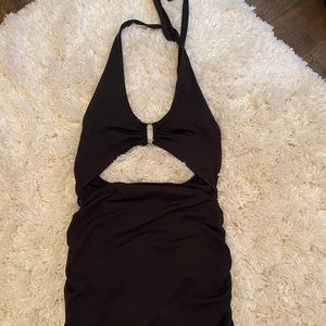 black halter neck mini dress with ruching